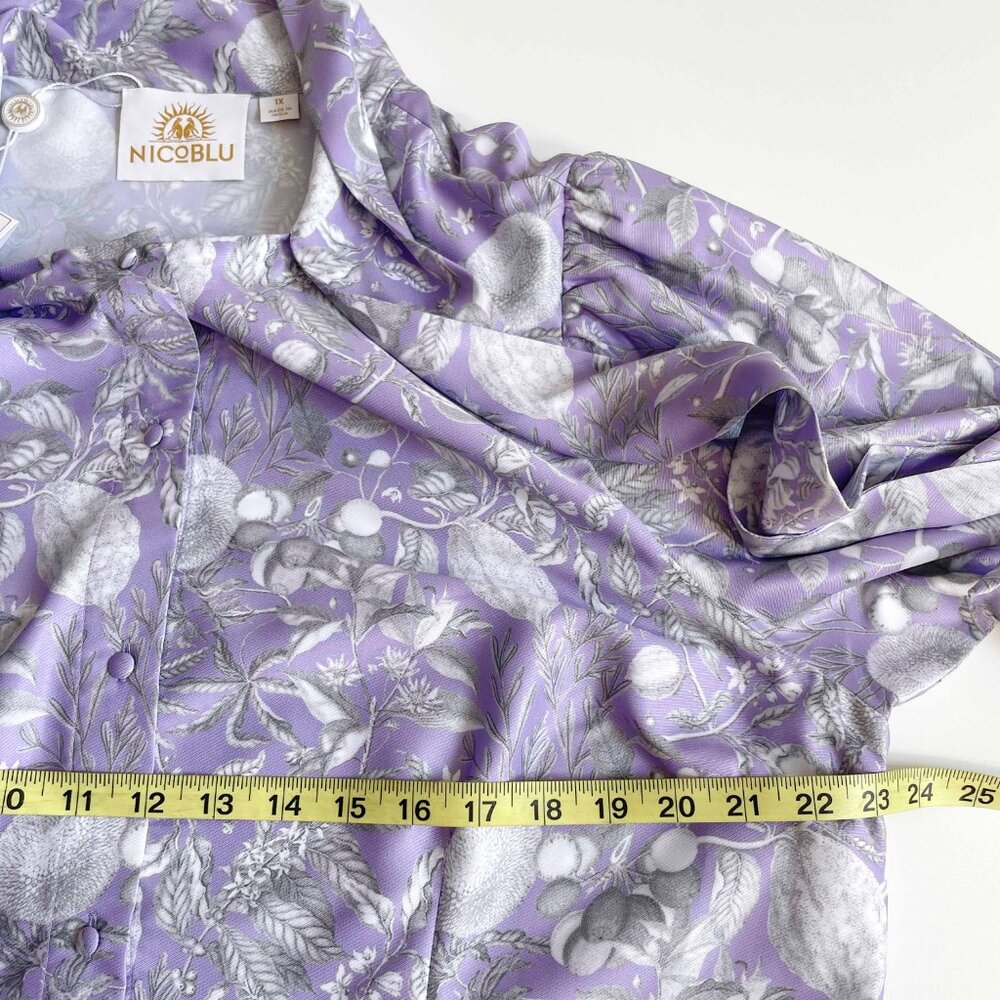 NicoBlu Pussybow Blouse Purple Floral Botanical Plus Size 1X NEW NWT - Picture 6 of 7